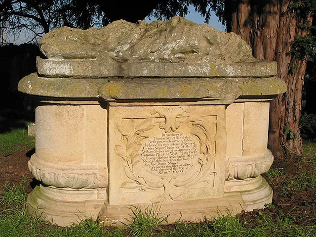Chest tomb of Thomas Sloper, St. Mary's, Hartpury The weathered effigy on the lid of the tomb is thought to be that of Jane Sloper, wife of Thomas, who died in 1676.