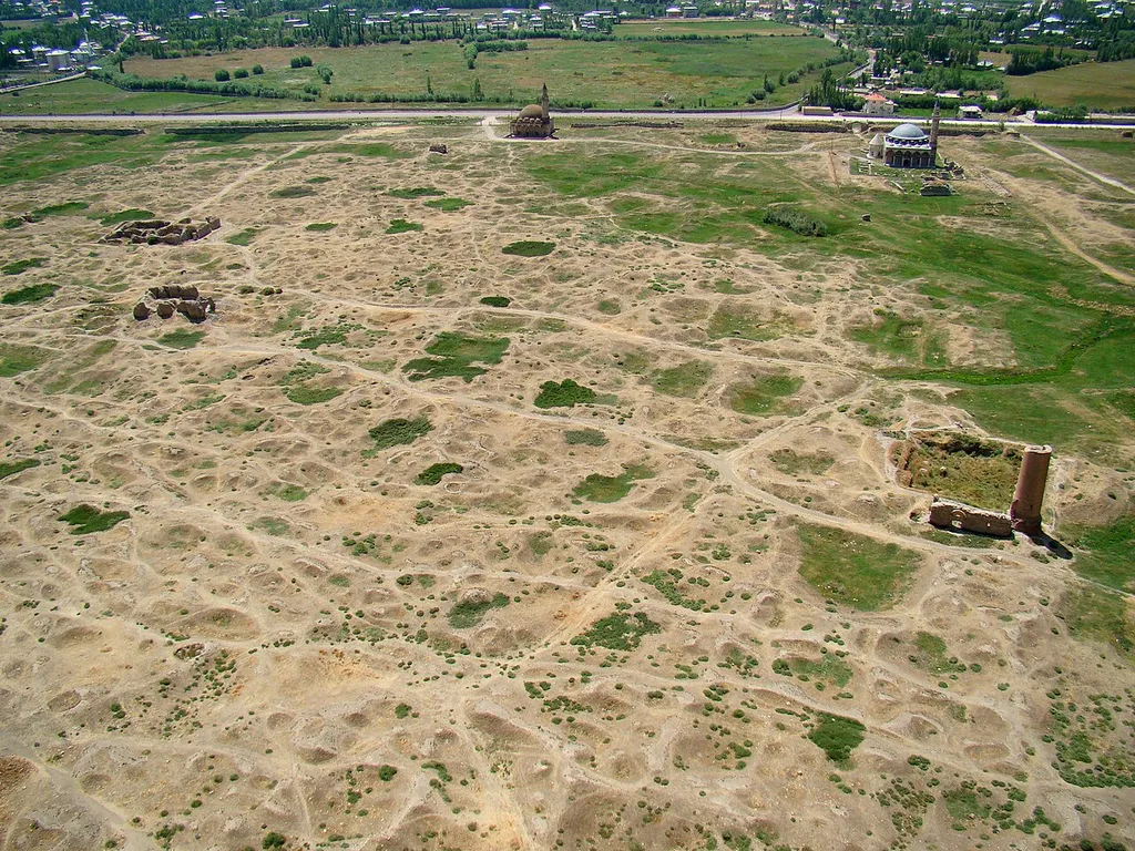 Ruins of the old city of Van, photographed from the Van Fortress, Turkey, in August 2009. Outlines of old streets and the foundations of buildings can still be recognized.