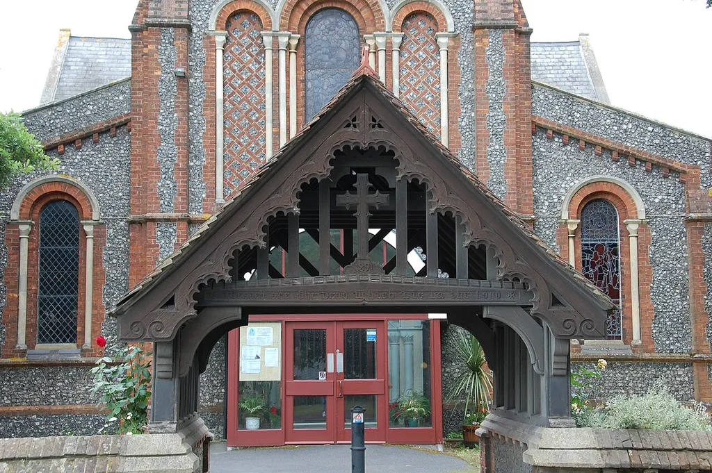 Part of the lychgate of Holy Trinity parish church, Frogmore, Hertfordshire, seen from the west