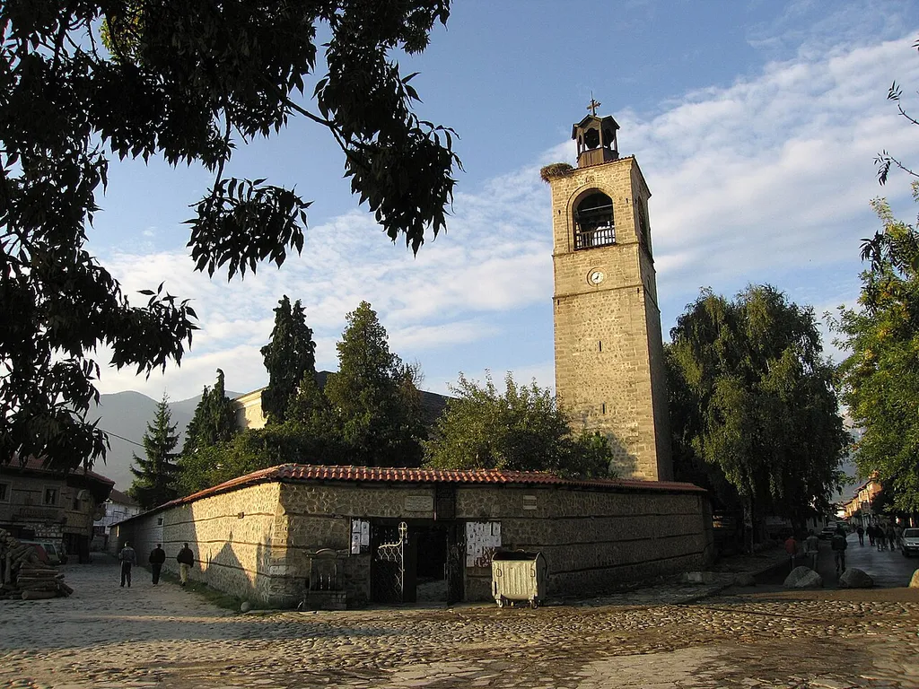 Trinity church (Sv. Troica, build ca. 1835) in Bansko, Bulgaria. Belltower (height 30 m) errected 1850.