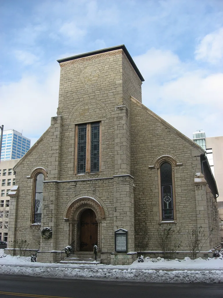 Front of the former Westminster Presbyterian Church (now the First Spiritualist Cathedral), located at 77 S. Sixth Street in downtown Columbus, Ohio, United States. Built in 1857, it is listed on the National Register of Historic Places.