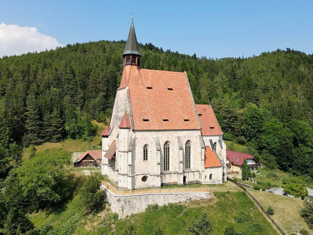 Southwest view of the Church of St. Wolfgang in Kirchberg am Wechsel, Lower Austria.
