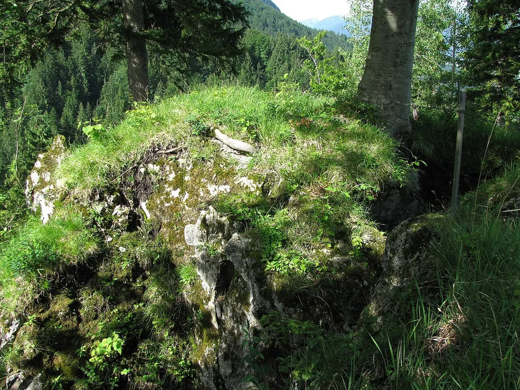 Burgstall Schaumburg; Burgplatz auf dem Felsen; Südseite, Blick nach Westen.