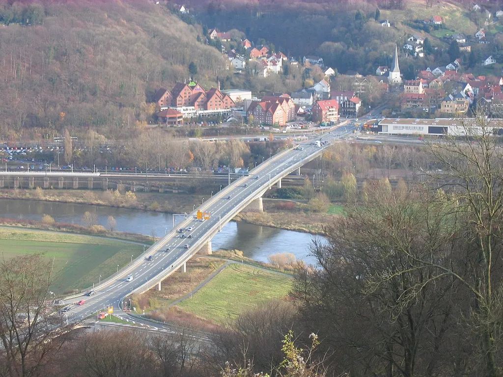 View from Wilhelm I monument near Porta Westfalica, District of Minden-Lübbecke, North Rhine-Westphalia, Germany.
