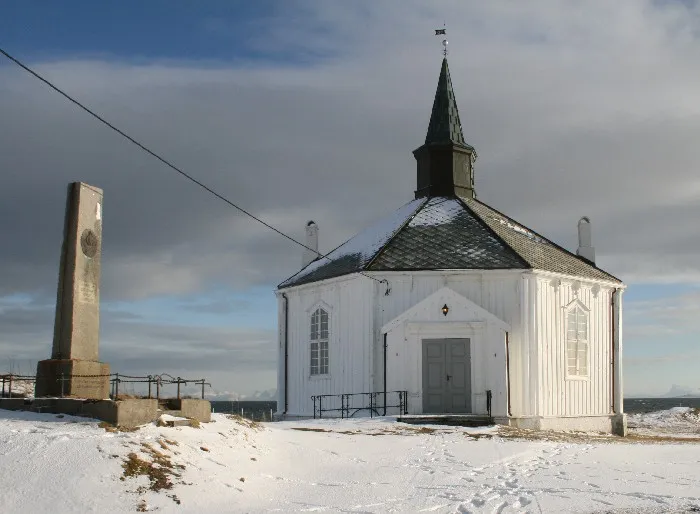 Dverberg church at Andøya in Nordland, Norway, with memorial for fishermen that lost their lives at sea