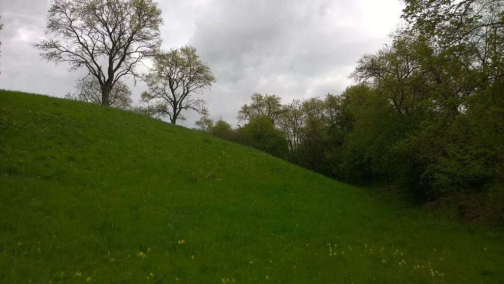 Burgstall Erbshausen: Blick von der kleinen südwestlichen Terasse auf Türmhügel und Burggraben
