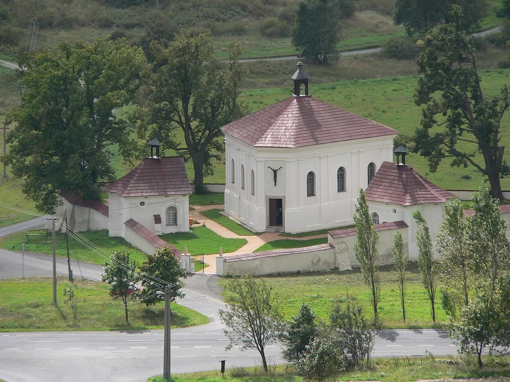 Church of the Holy Trinity in Andělská Hora (Karlovy Vary District, Czech Republic) as seen from the castle