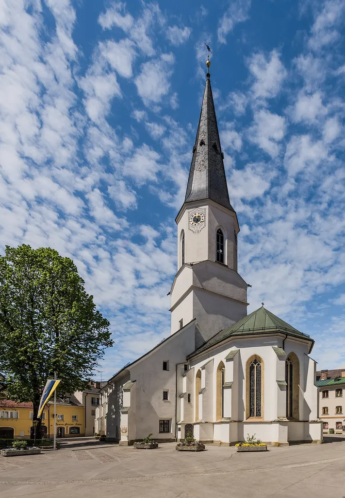 Southeastern view of the city parish church Holy Trinity on Kirchplatz, municipality St. Veit an der Glan, district Sankt Veit, Carinthia, Austria, EU