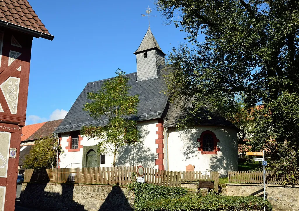 Historic protestant church Altenvers, Lohra, the only church with horseshoe-shaped apse in Germany, from the 9th century.