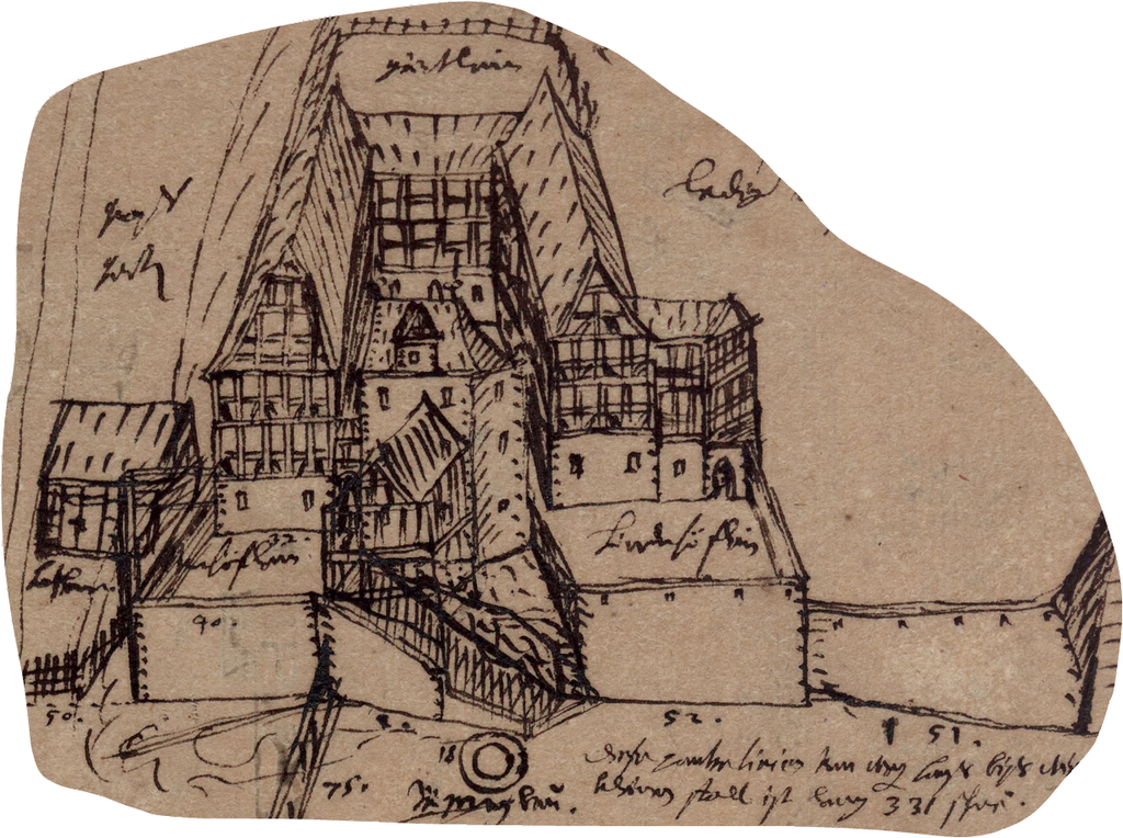 Ausschnitt aus dem Entwurf Landgrafs Moritz von Hessen-Kassel (1572-1632) (Quelle: Uni Kassel) die Burg in vermutlich noch weitesgehendem Original zum Zeitpunkt um 1625