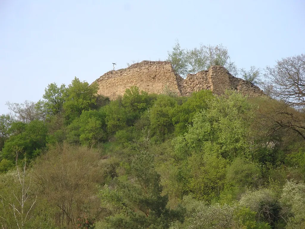 Auf einem kleinen Bergkegel gelegen. Es sind nur noch spärliche Überreste vorhanden. Die Natur erobert die Ruine mit Hecken / Sträuchern und Bäumen zurück. Die Aufnahme zeigt die Südansicht der Ruine von der Hauptstrasse ( B 48 ) aus aufgenommen.