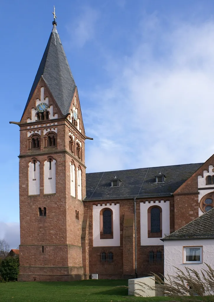 Belltower and part of the nave of the catholic church St. Bartholomäus in Bernbach, community Freigericht