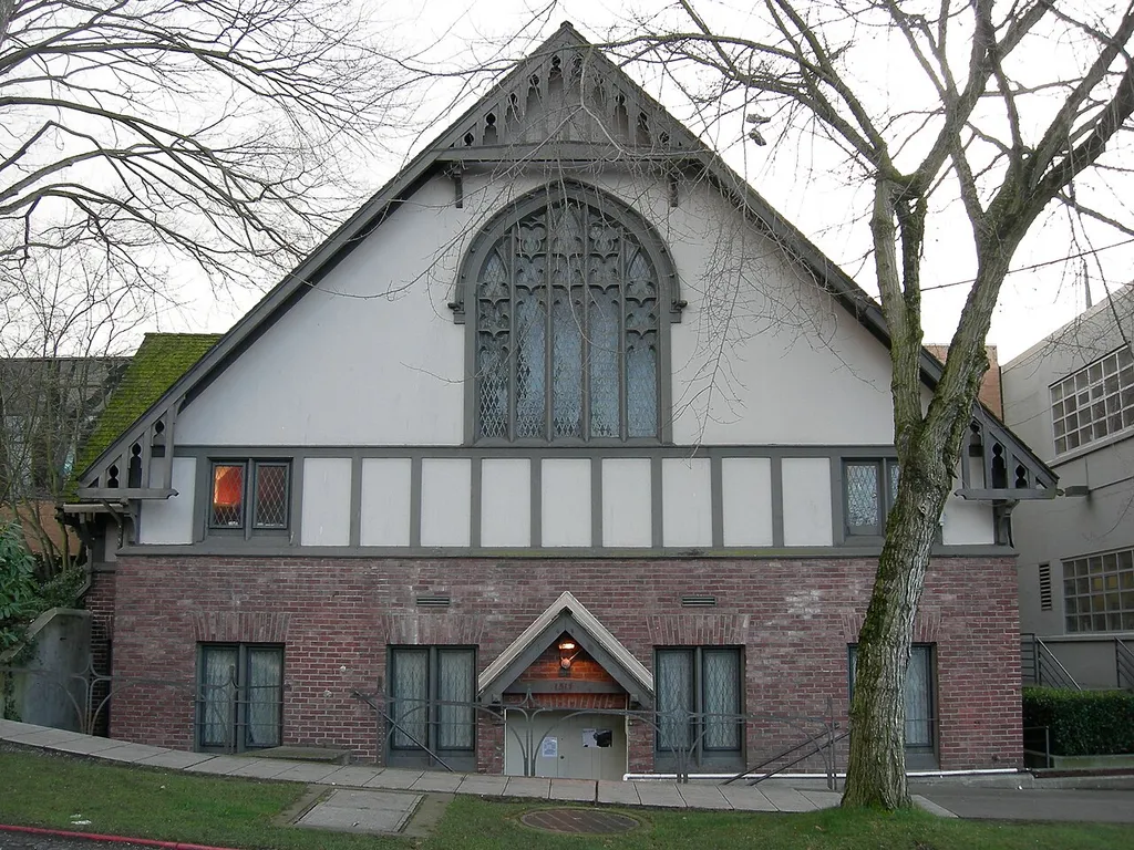 The former Unitarian church that is now the chapel of University Presbyterian Church, 47th Ave NE and NE 16th Street, University District, Seattle, Washington, USA.