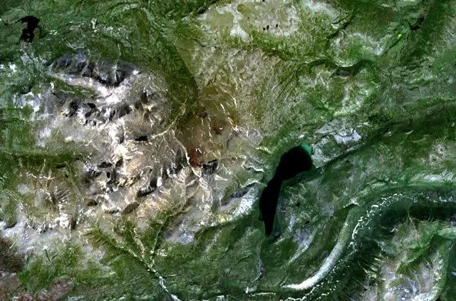 Alligator Lake (right-center) and the Alligator Lake Volcanic Field, Canada