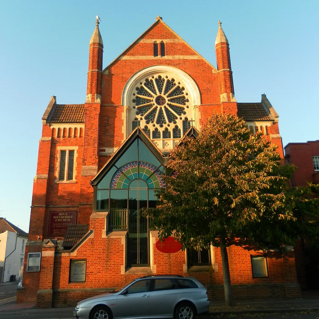 Hove Methodist Church, Portland Road, Hove, City of Brighton and Hove, England. Built in 1895 to the design of John Wills. Listed at Grade II by English Heritage (NHLE Code 1298647)