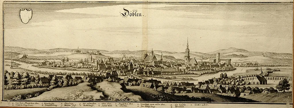 Döbeln um 1650; Kupferstich von Merian, 1650 13 x 37 cm