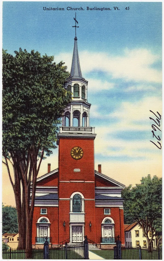 Title: Unitarian Church, Burlington, Vt. Subjects: Churches Places: Vermont > Chittenden (county) > Burlington Notes: Title from item. Extent: 1 print (postcard) : linen texture, color ; 5 1/2 x 3 1/2 in. Accession #: 06_10_002159