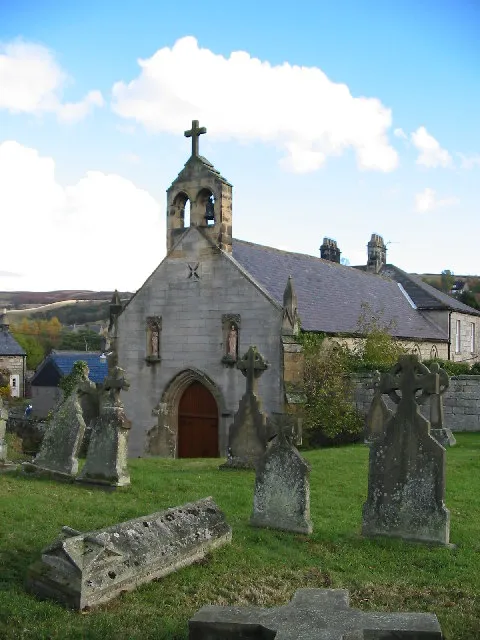 Catholic Church of All Saints, Thropton, Northumberland. An inscription on the walls of the church informs us that it was "Founded for ancient poor widows within this parrish of Rothbury by Dame Mary Charleton" Dame Mary died, 8th. April 1703