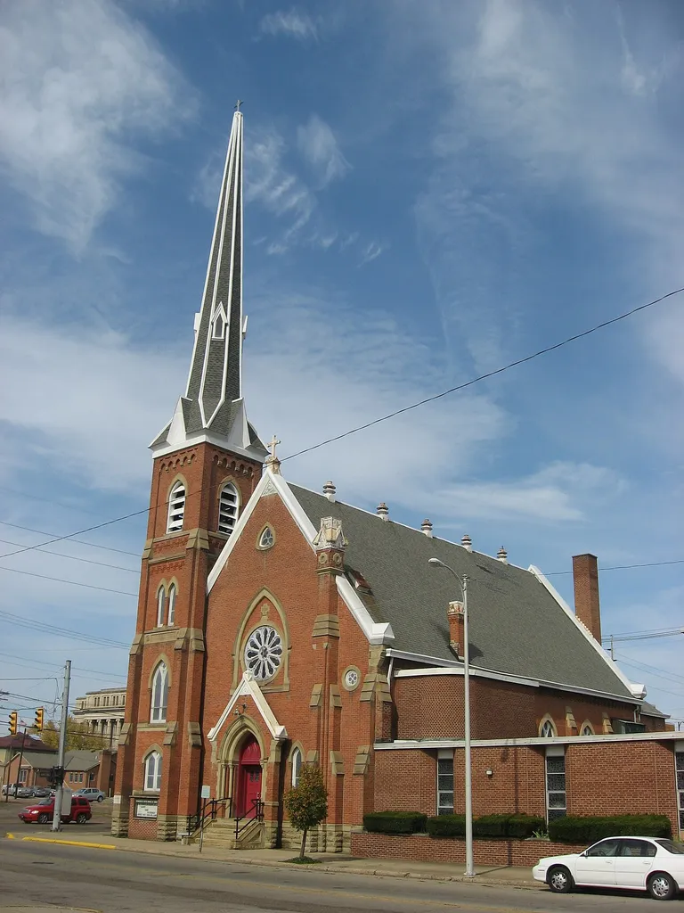 Front of the former Evangelical Church of Christ, now a United Church of Christ congregation located at 701 Fifth Street in Portsmouth, Ohio, United States. Built in 1886, it is listed on the National Register of Historic Places.