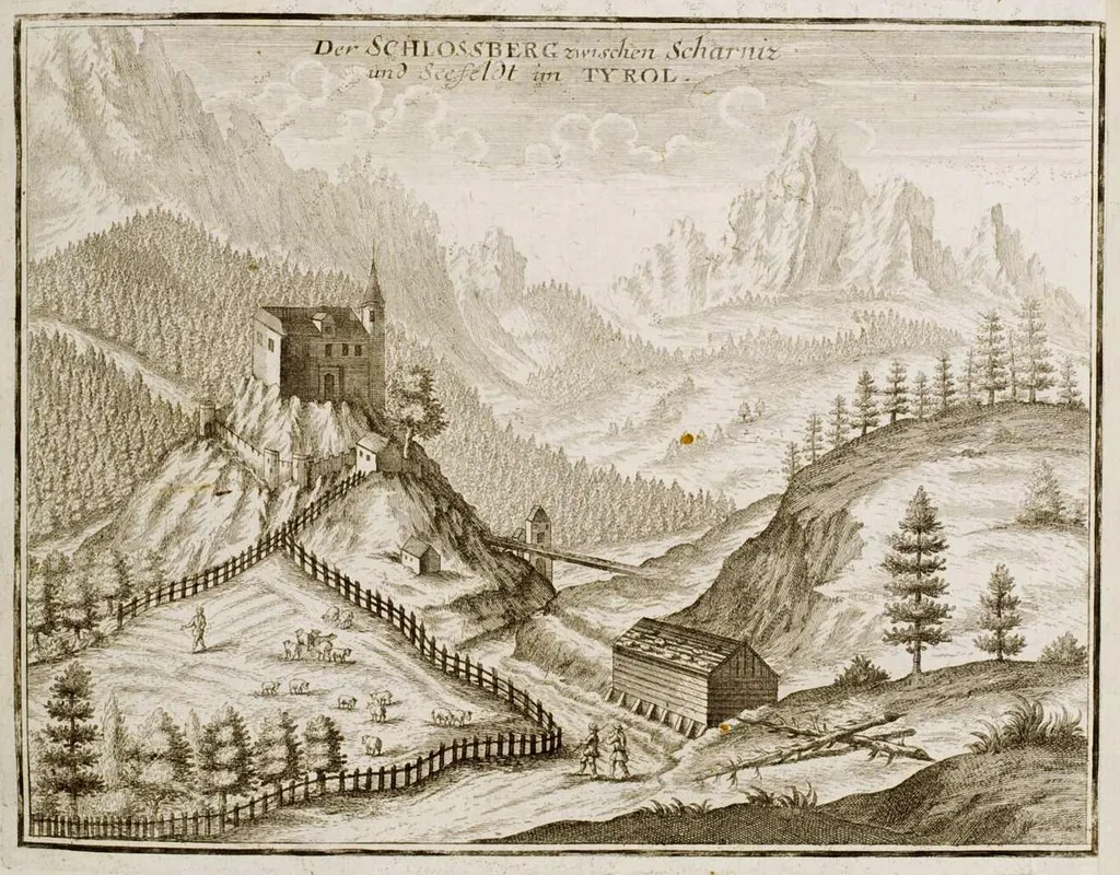 Curioses Staats und Kriegs Theatrum Dermahliger Begebenheiten im Tyrol : durch Unterschiedliche Geographische, Hydrographische, Topographische, Chronologische, Genealogische, Historische &amp;c. Carten, Abrisse, und Tabellen Erlaeutert, Augspurg : Stridbeck, [ca. 1700] Schlossberg zwischen Scharniz und Seefeldt