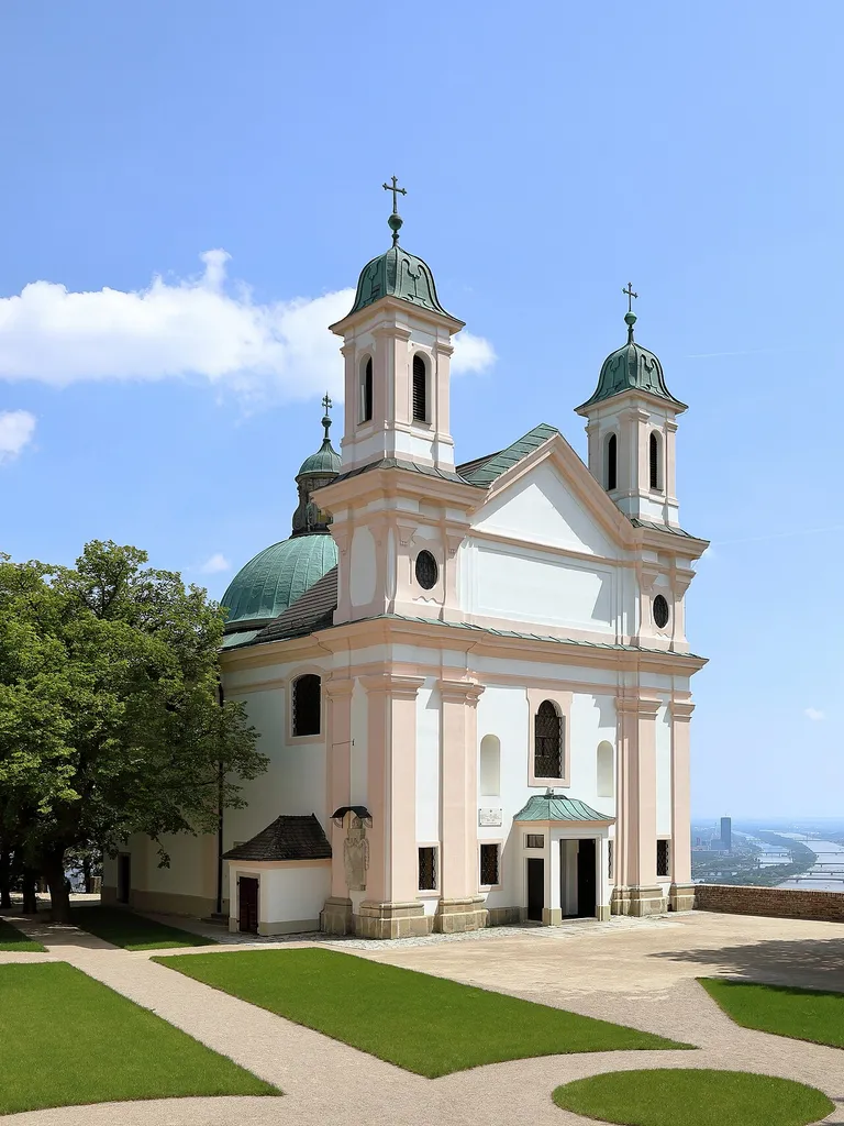 Nordwestansicht der Kirche am Leopoldsberg im 19. Wiener Gemeindebezirk Döbling.Anlässlich der Pest in Wien ließ Kaiser Leopold I. 1679 am Leopoldsberg - damals noch Kahlenberg bezeichnet - eine Kapelle errichten und widmete ihn dem 1485 heiliggesprochenem Babenberger Markgrafen Leopold III. Bei der 2. Türkenbelagerung wurde die Kapelle schwer beschädigt, wieder instandgesetzt und 1693 neu geweiht, wobei der Berg gleichzeitig in Leopoldsberg umbenannt wurde. Um 1720 wurde die Kapelle nach Plänen von Antonio Beduzzi zu einer Kirche ausgebaut. Im 2. Weltkrieg erfolgte eine weitere schwere Zerstörung durch eine Fliegerbombe.