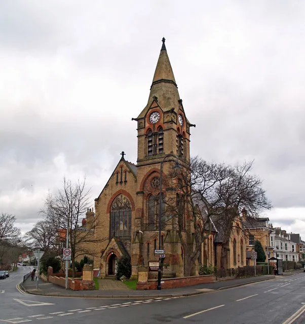 United Reformed Church, New Road, Hornsea, East Riding of Yorkshire, England.Pevsner says "UNITED REFORMED CHURCH (Congregational) New Road, 1872-4 by Samuel Musgrave of Hull. White brick with red brick and stone dressings. A large Gothic building with nave, two shallow transepts and a prominent SW tower with octagonal spire."