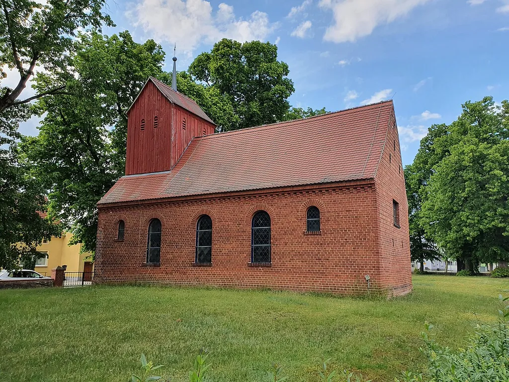 South-south-eastern view of the church in Pernitz , Golzow municipality , Potsdam-Mittelmark district, Brandenburg state, Germany.