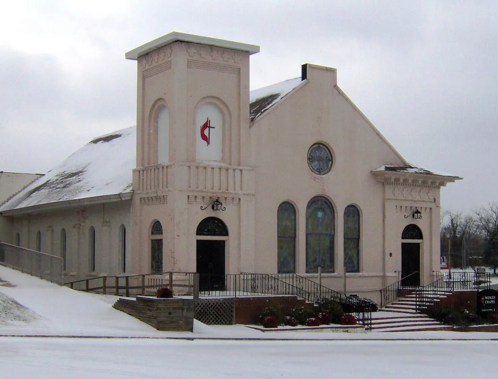 Wesley Chapel, listed on the National Register of Historic Places as the Broad Street Church of Christ, in Cookeville, Tennessee, USA.