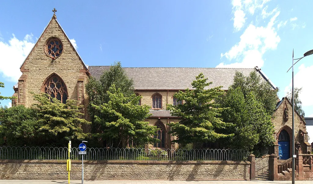 (Liturgical) North side of Holy Cross &amp; St Helen's Church, St Helens across Corporation Street.