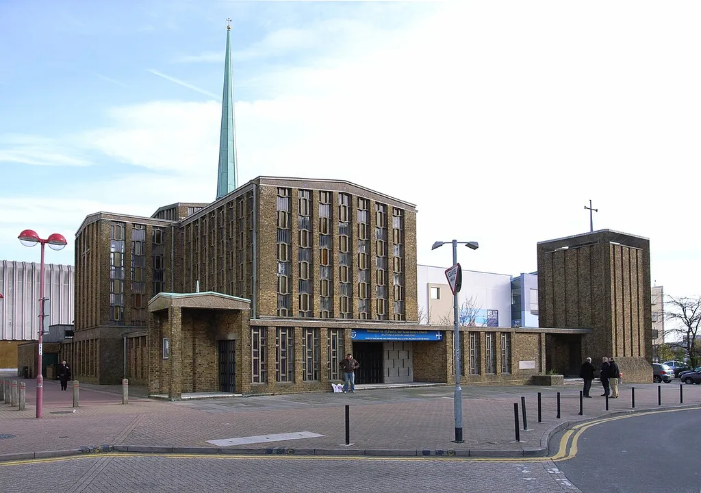 St Paul's parish church, Harlow New Town, Essex, seen from the northwest. On the right, topped with a cross, is the bell tower.