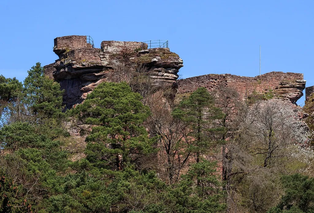 View of the Tanstein Castle from the south, Palatinate Forest, Dahn, Germany.