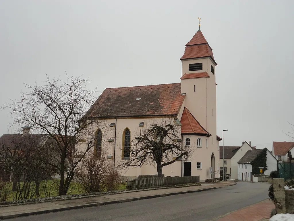 North-western view of Protestant church in Pflaumloch, Riesbürg municipality, Ostalbkreis district, Baden-Württemberg state, Germany.