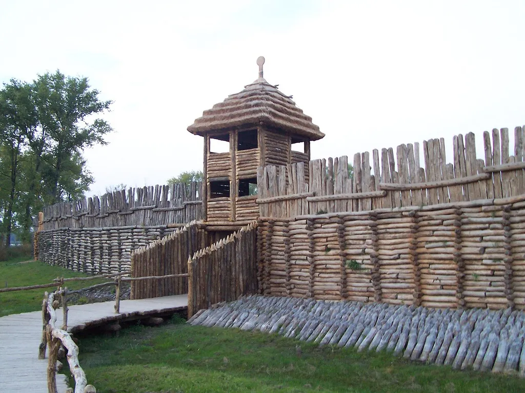 Bronze gate and wall in Biskupin - reconstructed Lusatian culture settlement from Bronze Age