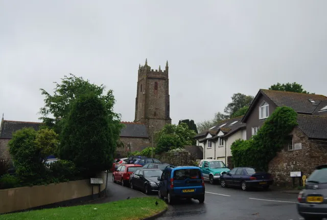 View south along Church Road, Dartmouth, Devon. The tower is that of St Clement's Church, former parish church of Townstal, the mother church of Dartmouth. The houses on the right are Pottery Court.