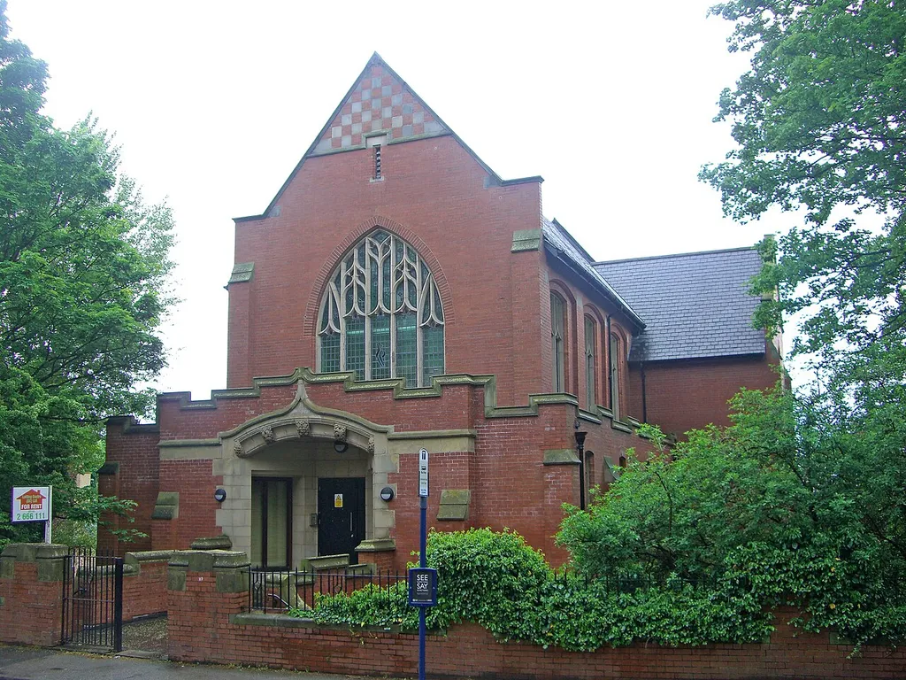 Crookesmoor Unitarian Church, Crookesmoor Road, Sheffield, South Yorkshire, seen from the west. The building is no longer used for worship and is available for rent.