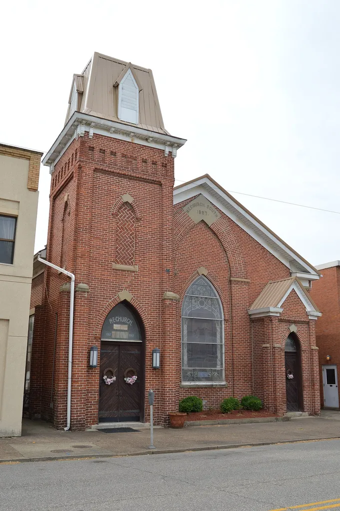Front of the Catlettsburg First Methodist Church, located at 2712 Louisa Street in Catlettsburg, Kentucky, United States. Built in 1867, it is listed on the National Register of Historic Places.
