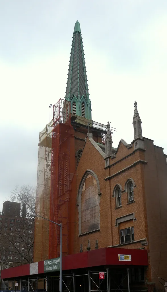 Looking southeast across 100th St at Trinity Lutheran on a cloudy day. ZIP 10025.