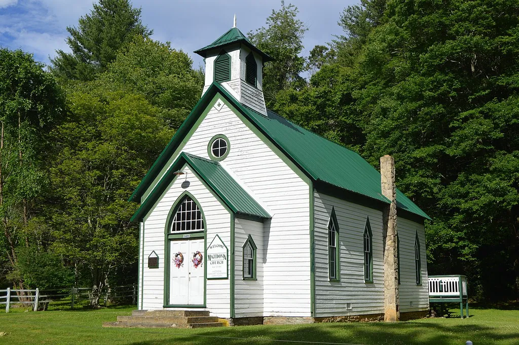 Front and southwestern side of Macedonia Methodist Church, located at 1408 Coffeytown Road east of Buena Vista in Amherst County, Virginia, United States. Built in 1896, it is listed on the National Register of Historic Places.