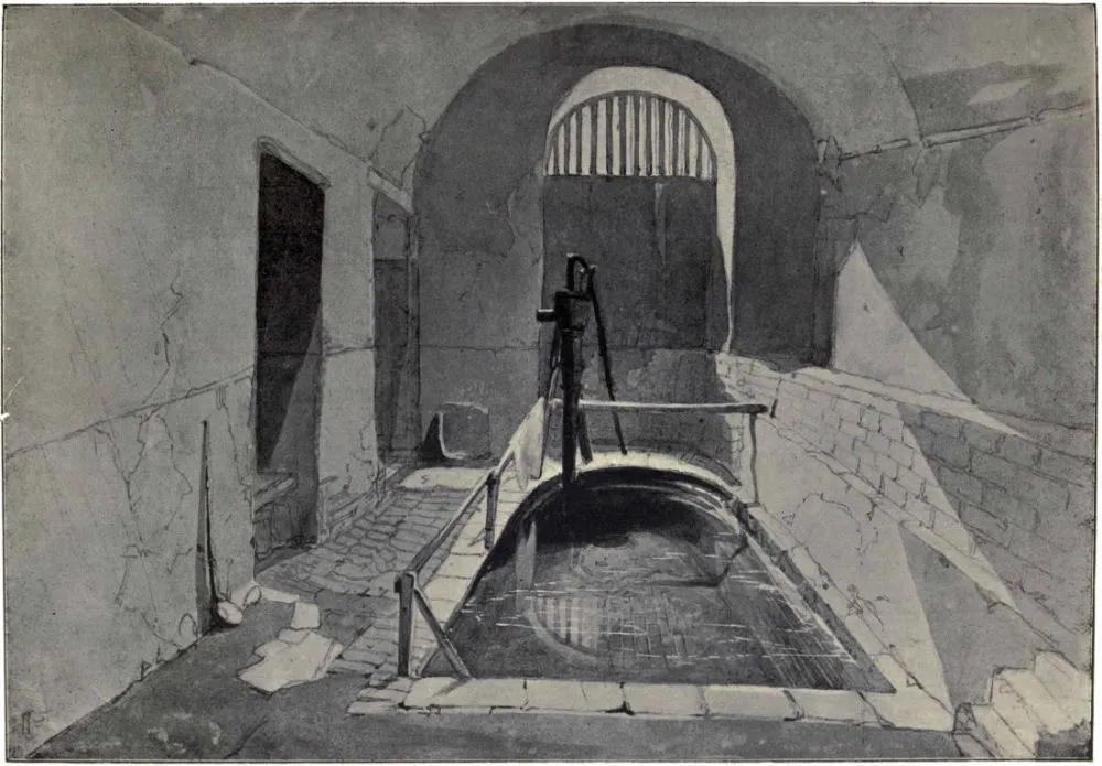 Drawing of Roman Bath in the Strand by John Wykeham Archer, 1841. Featured in 'Mediæval London' by William Benham and Charles Welch, published 1901.