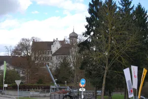 medieval-modern small town with medieval burgstall and modern castle