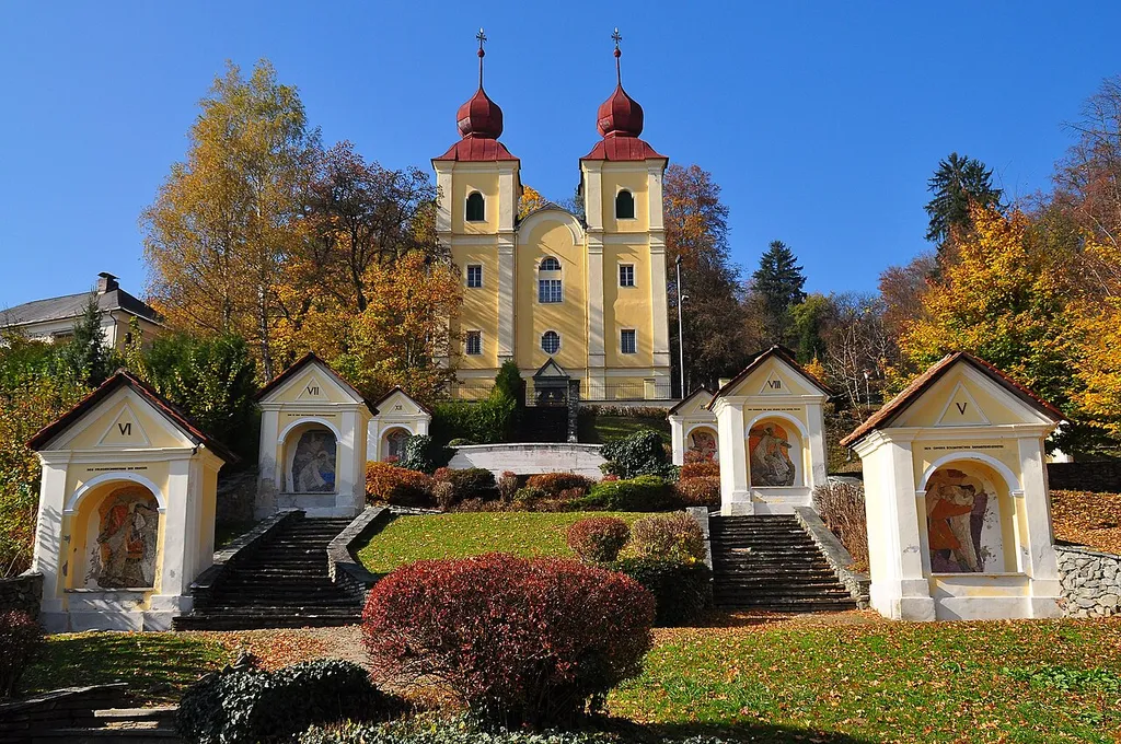 Memorial place of the state Carinthia with Calvary church on Kreuzbergl, 8th district "Villacher Vorstadt", municipality Klagenfurt on the Lake Woerth, Carinthia, Austria, EU