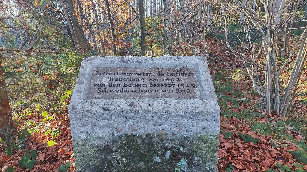 Memorial stone to border fortification of noble family Trauchburg and Schwedenschanze near Haubach in the municipality of Isyn im Allgäu