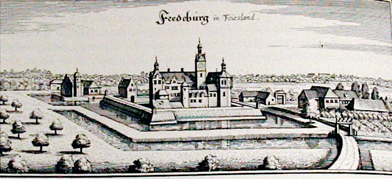 Festung Friedeburg. Seitenverkehrter Stich von Merian aus der zweiten Hälfte des 17. Jahrhunderts