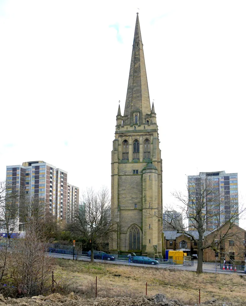 Cruddas Park flats and the west tower of the former St Stephen's parish church, Brunel Terrace, Low Elswick, Newcastle-upon-Tyne, seen from the west