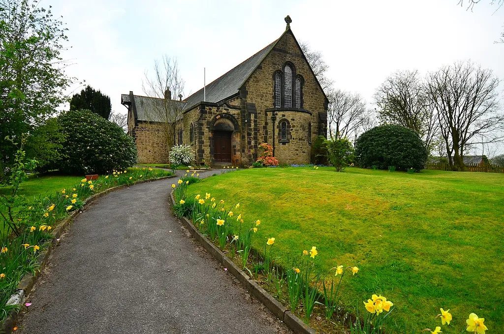 St George's parish church, Simister, Greater Manchester, seen from the west. It was built in the First World War and opened in October 1915.