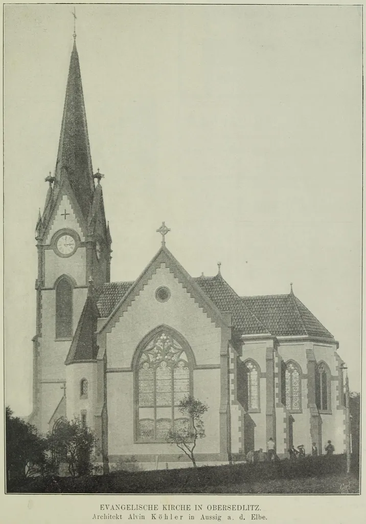 Evangelisch-lutherische Kirche in Obersedlitz (Novosedlice) bei Schreckenstein an der Elbe (Střekov); erbaut 1899–1900; Ruine 1966 gesprengt