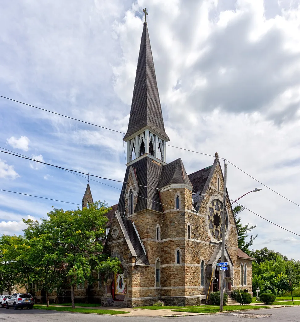 The former Calvary Episcopal Church, at 1101 Howard Avenue in Utica, Oneida County, New York. It is now the Cathedral of the Theotokos of Great Grace of the Italo-Greek Orthodox Catholic Church.