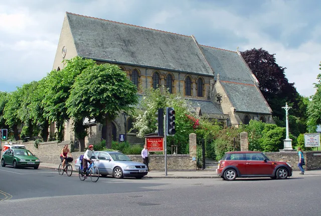 The Church of St Giles with St Peter, Cambridge As seen across the Northampton Street (A1033) - Chesterton Lane - Magdalene Street - Castle Street junction.