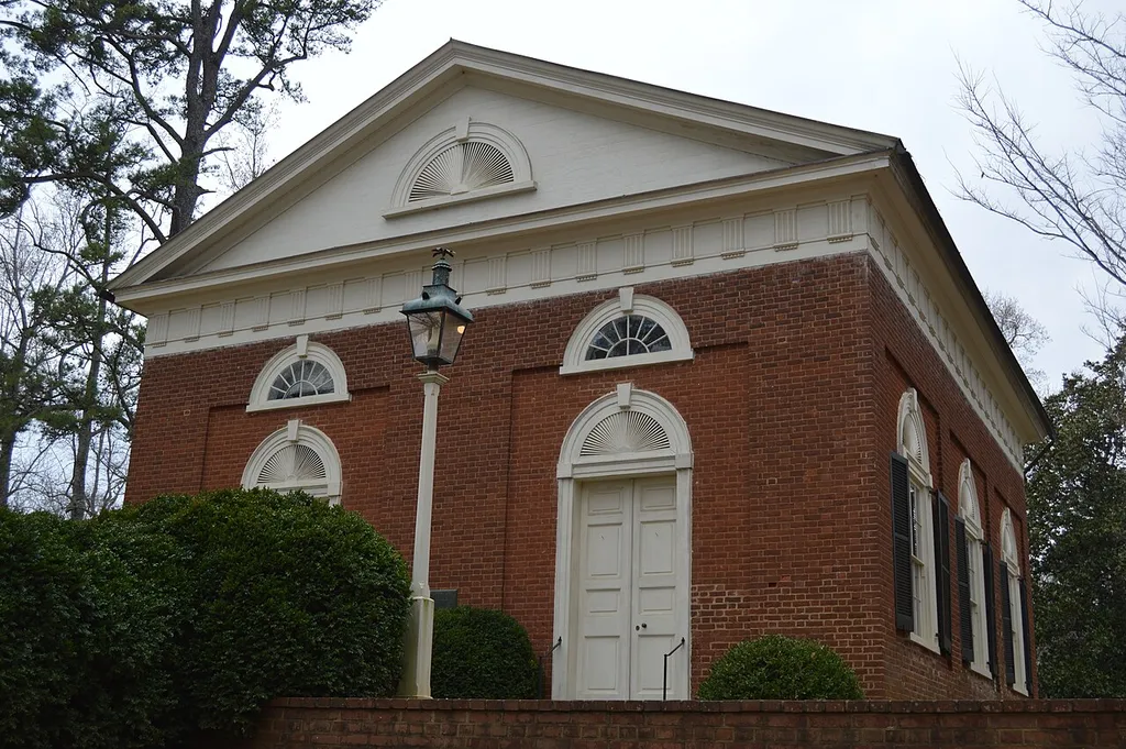 Front and northern side of St. Anne's Episcopal Church, located on Glendower Road southeast of Keene in Albemarle County, Virginia, United States. Built in 1831, it is listed on the National Register of Historic Places.