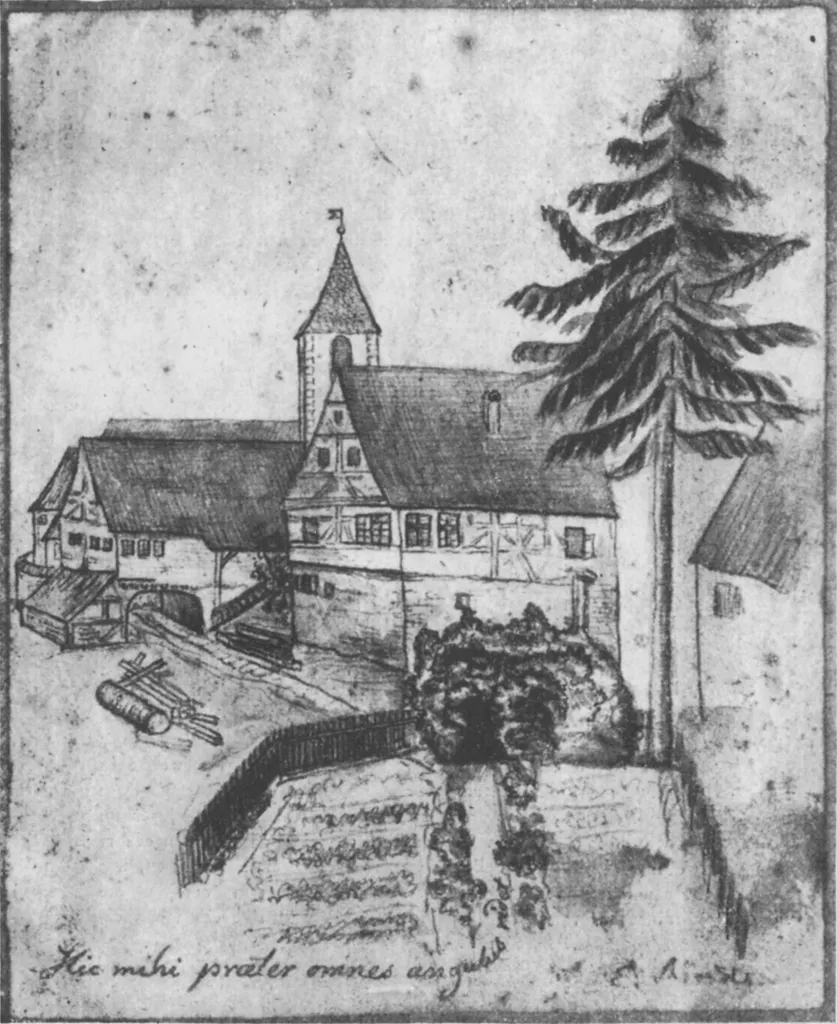 Rathaus und Kirche in Plattenhardt, Zeichnung von de:Eduard Mörike, 1829